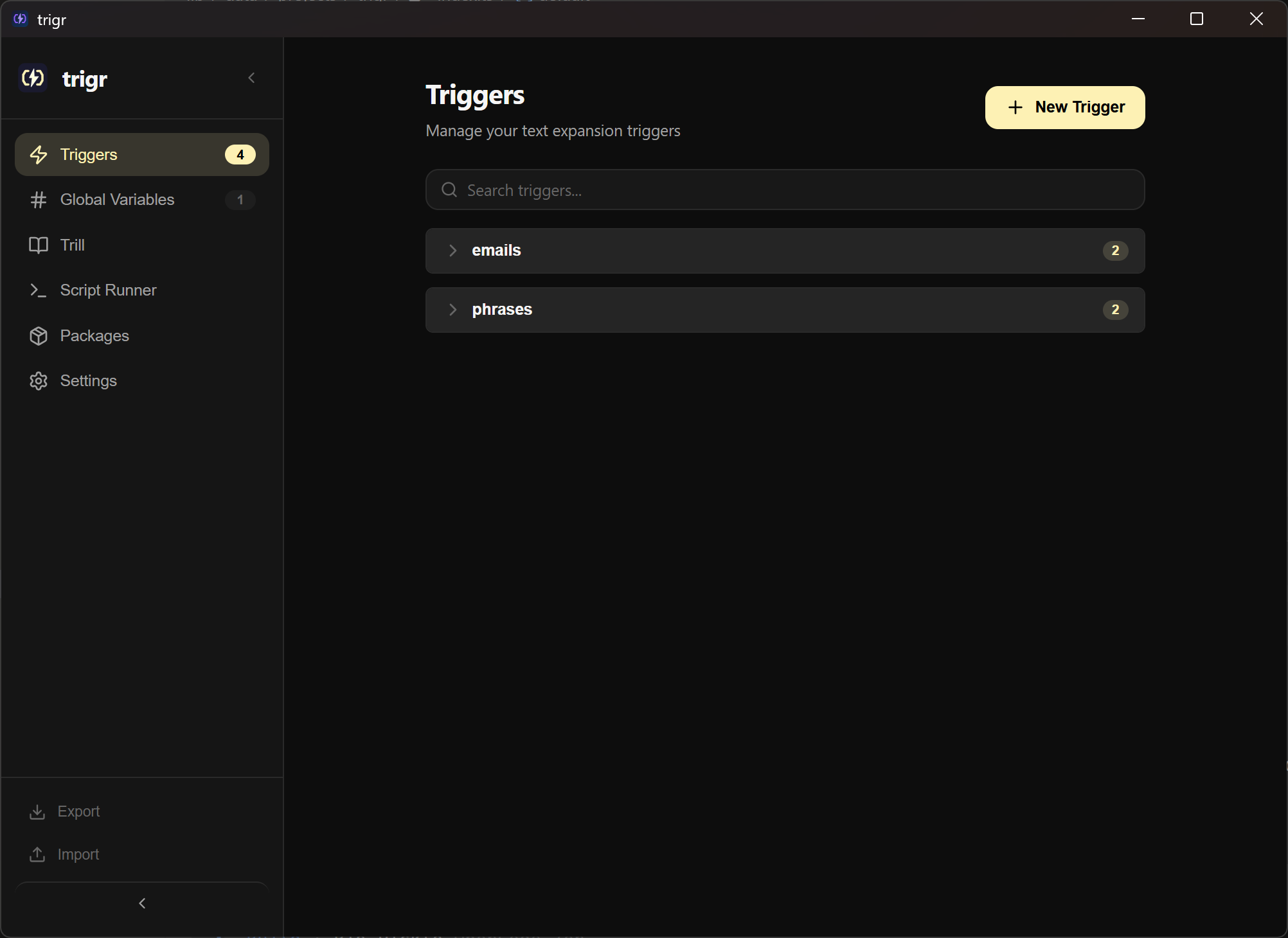 Trigr app interface