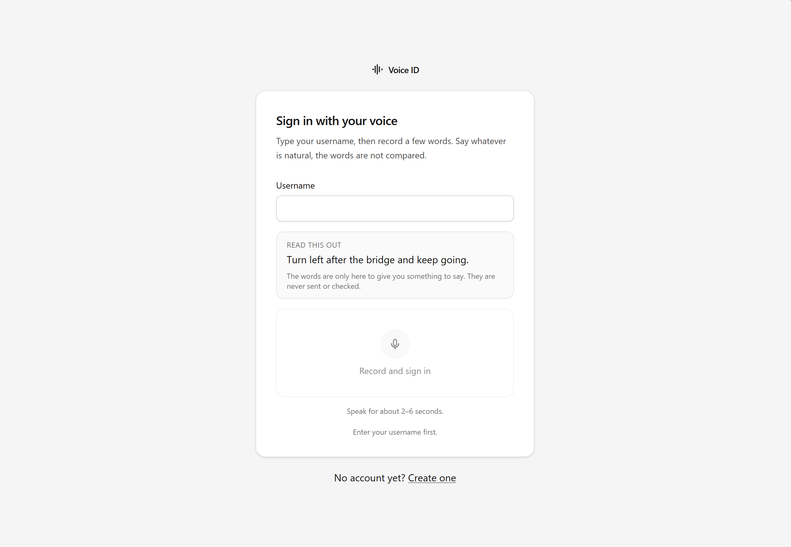 The voice login page: type a username, read the sentence